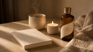 Le Journal LUMIA RITUAL : carnet, bougie et flacon d’huile sur une table en bois clair