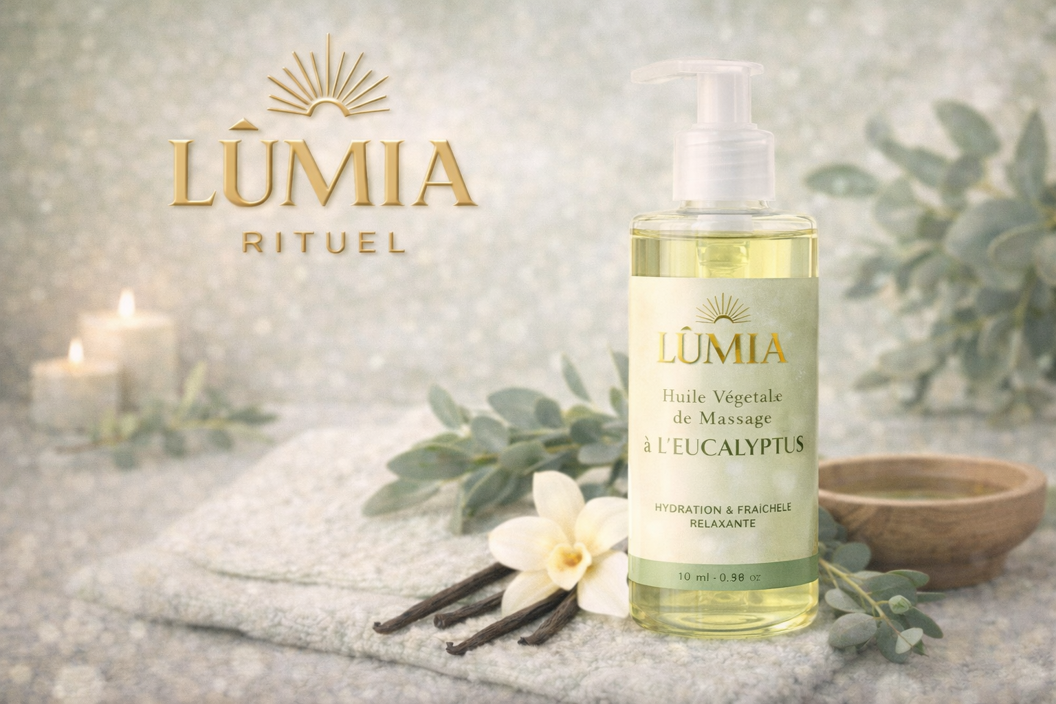 Huile Végétale de Massage à l’Eucalyptus LUMIA™ – Hydratation & Fraîcheur Relaxante
